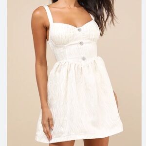 Lulus Charmingly Precious Pleated Textured Bustier Mini Dress Cream Medium